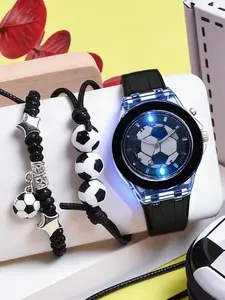 2-Piece Boy Glowing Quartz Digital Wristwatch Set, Football Theme, Fashionable and Versatile, Includes Football Bracelet, Perfect Gift for Him