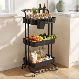 3-Tier Plastic Rolling Storage Cart, Home Organization Storage Rack with Mesh Baskets, Lockable Wheels, 360-Degree Rotatable Hooks & Hanging Box for Kitchen, Bedroom (Home Supplies)