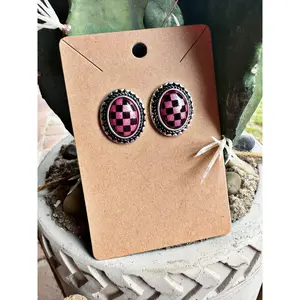 Oval Checker Stud Earrings - Pink