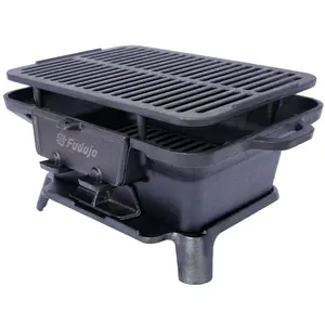 Oval Enamel-Coated Cast Iron Grill - 100% Durable Portable Outdoor Charcoal Grill, Tabletop Skillet, Compact, Ideal for Camping & Hibachi Use, Black BBQ