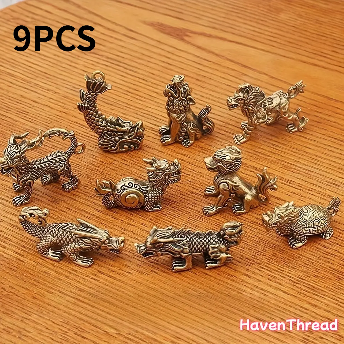 HavenThread 9pcs Vintage Brass Dragon 9 Sons Ornaments Set - Decorative Brass Myth Detail Collectible Figurines, Adds Character to Desks, Indoor Home Decoration, Ideal Birthday Gift