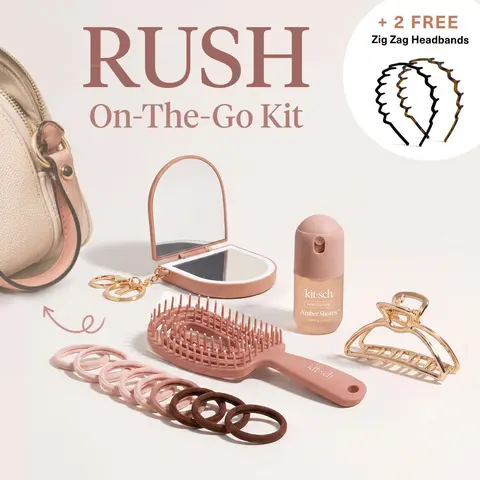KITSCH RUSH ON-THE-GO KIT – Campus Hair Essentials Set - Compact Mirror Keychain - Mini Hair Perfume - Detangling Flexi Brush - Cloud Clip and Elastics - Sorority Haircare