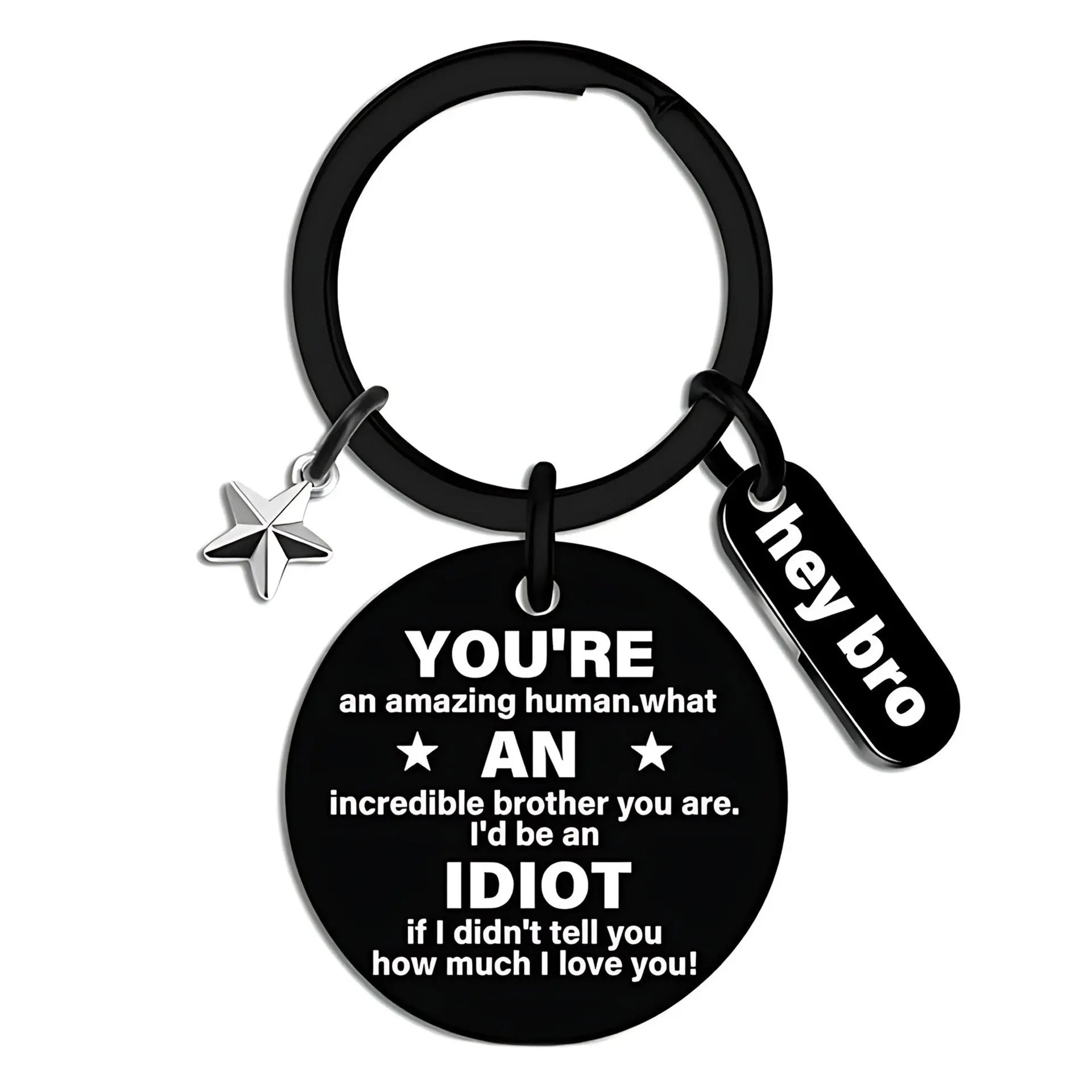 Funny Keychain for Brother, Engraved Titanium Steel Gag Gift from Sister with Waterproof Finish - Sentimental Birthday Gift Ideas for Men & Teens, Engraved Text, Round Shield, Multi-Charm Set, Circular Shape, Gifts For Him