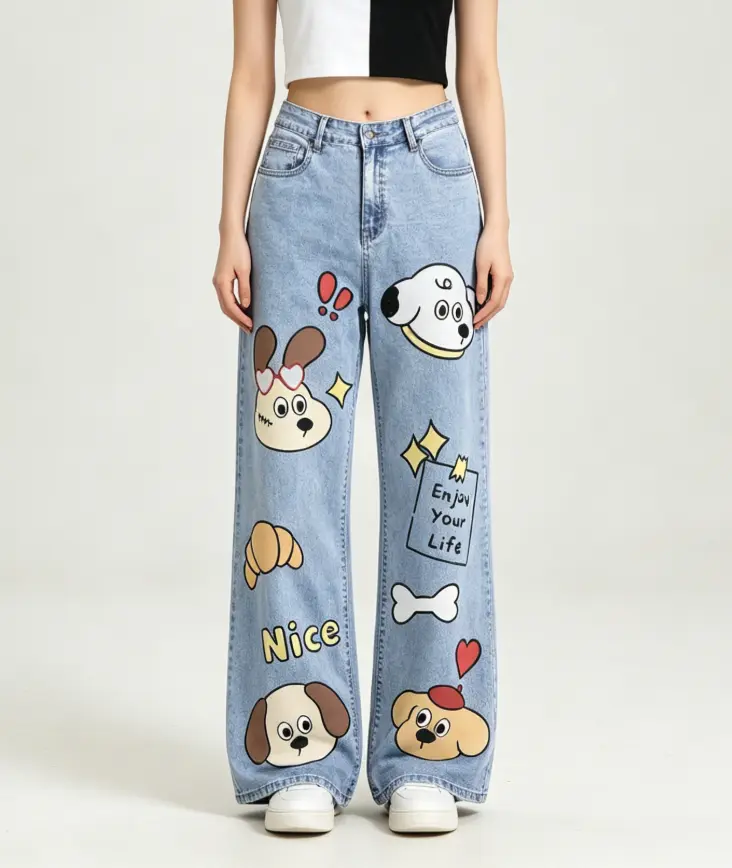 Women's Cute Baggy Oversized Twist Wide-Leg Jeans - Casual Cartoon Dog Print, Light-Wash Denim, Comfortable Loose Fit Bottoms for Everyday Simple Tee Pairing