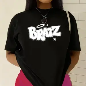 Women's Y2K Bratz Fuzzy Logo Printed Short-Sleeve T-Shirt, Round Neck Fabric Streetwear Retro Casual Aesthetic Tee