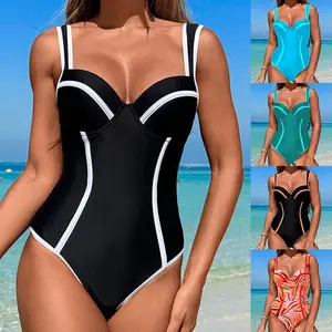 Women's Sexy Slimming One-Piece Swimsuit with Tummy Control & Color-Block Accents in Premium Nylon for Poolside Parties & Seaside Getaways
