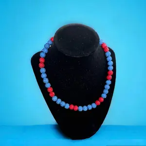 Handcrafted beaded necklace red and baby blue