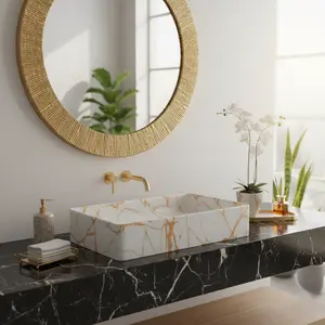MLF Rectangular Vessel Sink Bathroom Countertop - White Ceramic Marble Sink Bowl, Above Counter Vanity Basin - Modern Bathroom Sink, 23.6" x 18.5" x 4.7" - Cube Series
