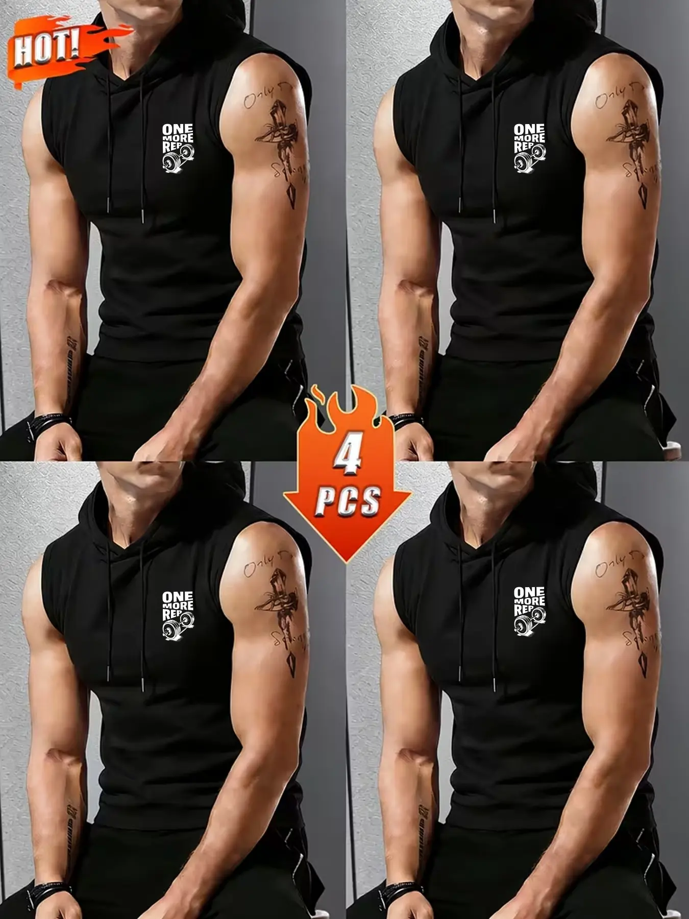Men's 4-Pack Sleeveless Hooded Sweatshirt, Graphic Print, High Stretch Breathable, Outdoor Running Training, Casual Sportswear, Sleeveless Sports Top
