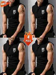 Men's 4-Pack Sleeveless Hooded Sweatshirt, Graphic Print, High Stretch Breathable, Outdoor Running Training, Casual Sportswear, Sleeveless Sports Top