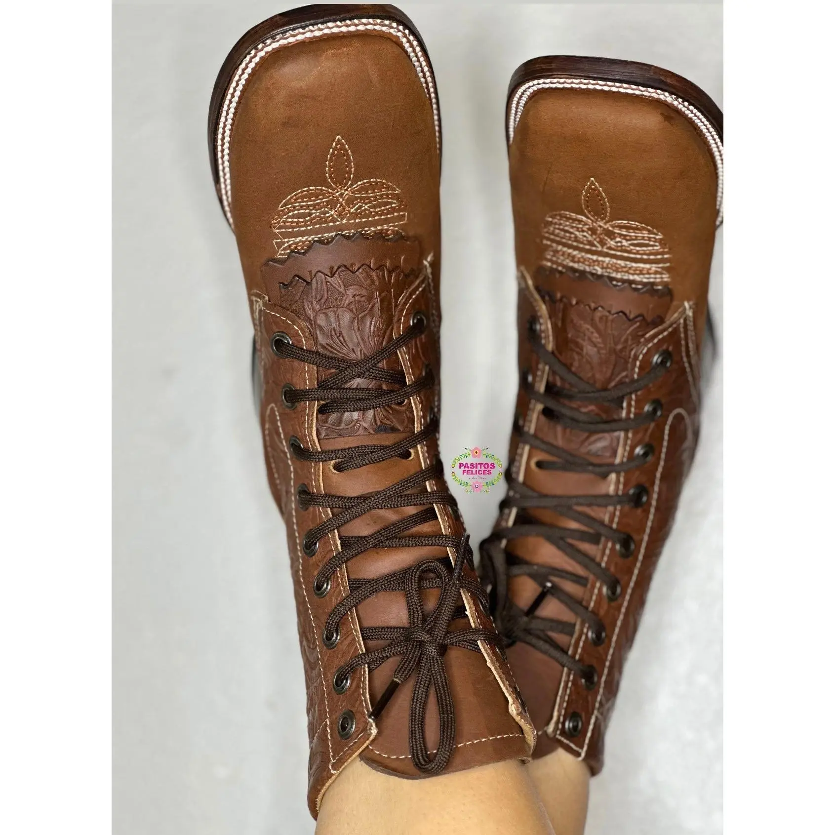 Men Botas Lacer/ WIDE women - Tan Leather Tooled Wide Boots