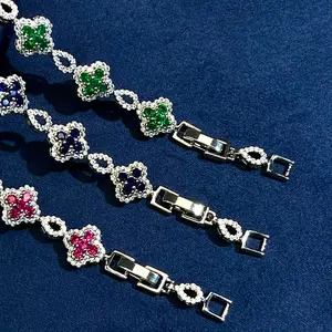 【Flash Sale】Elegant Silver-Toned Multicolor Clover Tennis Bracelet for Women with Emerald Sapphire & Ruby Style CZ Inlaid Dainty Floral Statement Jewelry Perfect for Daily Wear Party Wedding & Anniversary Gift  Xmas Christmas Gift New Year 2026