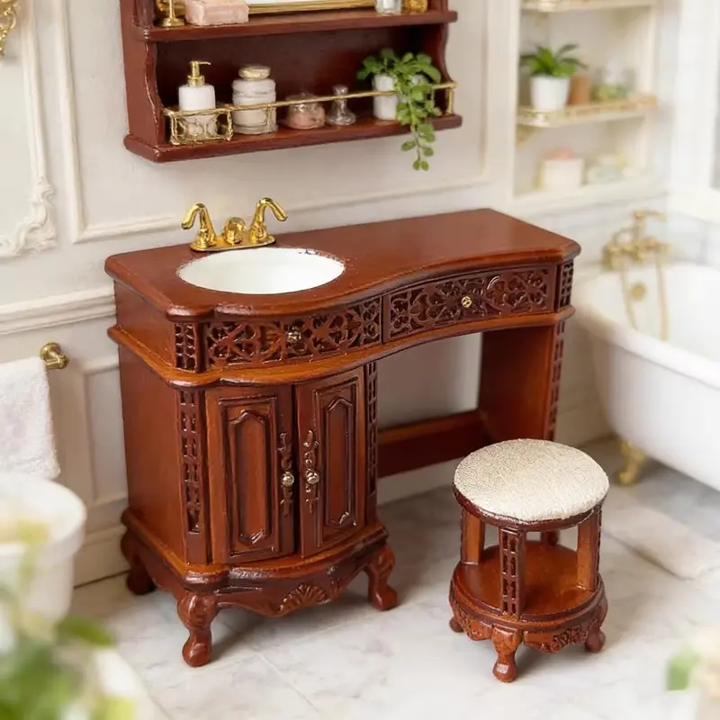1:12 Dollhouse Miniature Furniture European Carved Bathroom Sink Vanity with Stool for Scene Decor Easter Christmas New Year Gift
