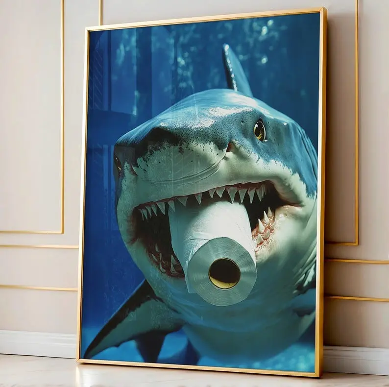 Shark Bathroom Print, Shark Biting On Tissue, Print Wall Art, Beach House Decor, Bathroom Decor