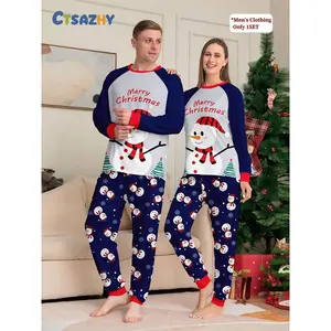 Christmas Couple Pajamas Set Blue White Snowman Print Family Matching Outfit Holiday Sleepwear Two Piece Loungewear