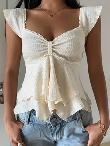 Women’s Retro French Vintage Textured Peplum Blouse, Elegant Sweetheart Neckline Short-Sleeve Top with Layered Ruffle Hem, Fabric-Focused Cottagecore Aesthetics Fit Summer Shirt summerwins,summerwins