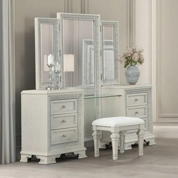 Stella Mia FM70000WH-V-SET 3 pc Creamy White & Wood Ash Burl Finish Bedroom Vanity Makeup Set with USB Plugs, Minimal Design, Dresser & Storage