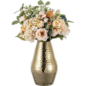10 inch Tall Brass Tone Metal Flower Vase with Pebbled Texture, Hammered Centerpiece Holder for Floral Arrangements