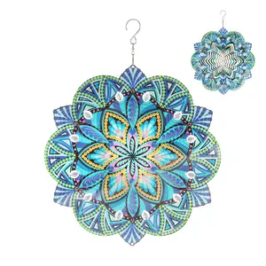 Laser Cut Teal Metal Daisy Mandala Hanging Spinner with Beaded Details, 12 Inch