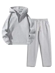Men's Plain Two-piece Sweatsuit Set, Basic Regular Fit Casual Drop Shoulder Half Zip Hoodie & Pocket Drawstring Sweatpants, Men's Clothing