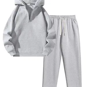 Men's solid color two-piece sports suit, basic regular fit casual off shoulder half zipper hooded sweatshirt and pocket drawstring sports pants, men's clothing