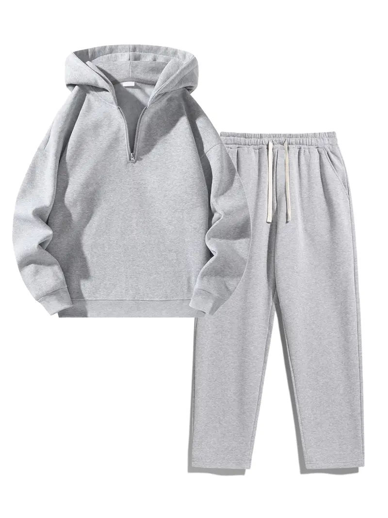 Men's Plain Two-piece Sweatsuit Set, Basic Regular Fit Casual Drop Shoulder Half Zip Hoodie & Pocket Drawstring Sweatpants, Men's Clothing