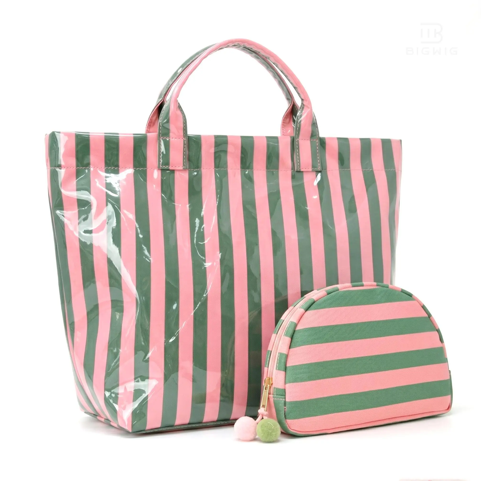 Women's Preppy Striped 2-Piece Tote Bag Set - Water-Resistant PVC, Cosmetic Organizer Bag Small Pouch, High-Gloss, Ideal for Beach & Travel Use, Thoughtful Daily Commute Gift, Thoughtful Gift, Patterned Bag, Handles tiktokshopbacktoschool