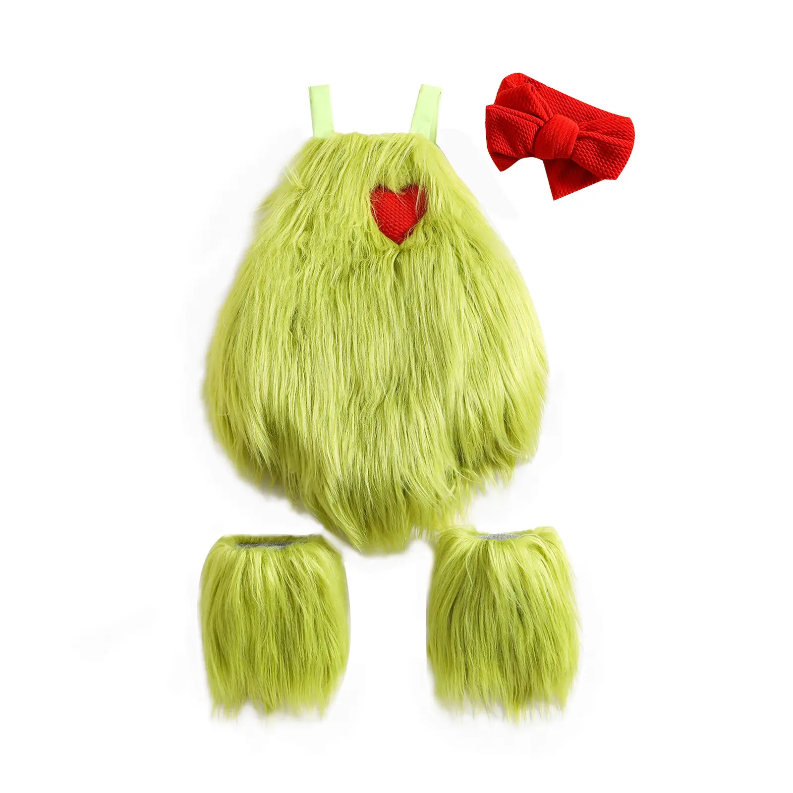 Newborn Baby Christmas Costume Furry Sleeveless Romper + Headband + Leg Warmer 3pcs Green Monster Cosplay Xmas Outfit
