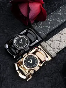 High-End Business Automatic Buckle Men's Belt, Fashionable Metal Buckle, Genuine Leather Letter Print Waistband, Casual Versatile Fashion Youth Pants Strap