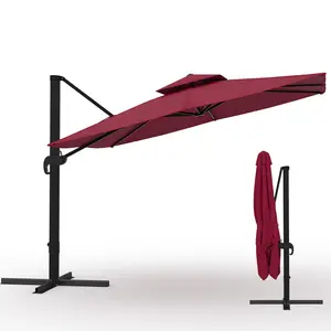10x10 ft Square Outdoor Umbrella, Cantilever Patio Umbrella with 360° Rotation & Adjustable Height, Heavy Duty Aluminum Umbrella Outdoor Patio for Garden Poolside,Burgundy Red (Base Not Included)