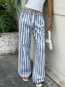 Women's Blue And White Vertical Striped Wide Leg Pants, Elastic Waist Drawstring Adjustable Casual Trousers For Vacation And Summer Daily Wear Bottom Casual Fashion Pants