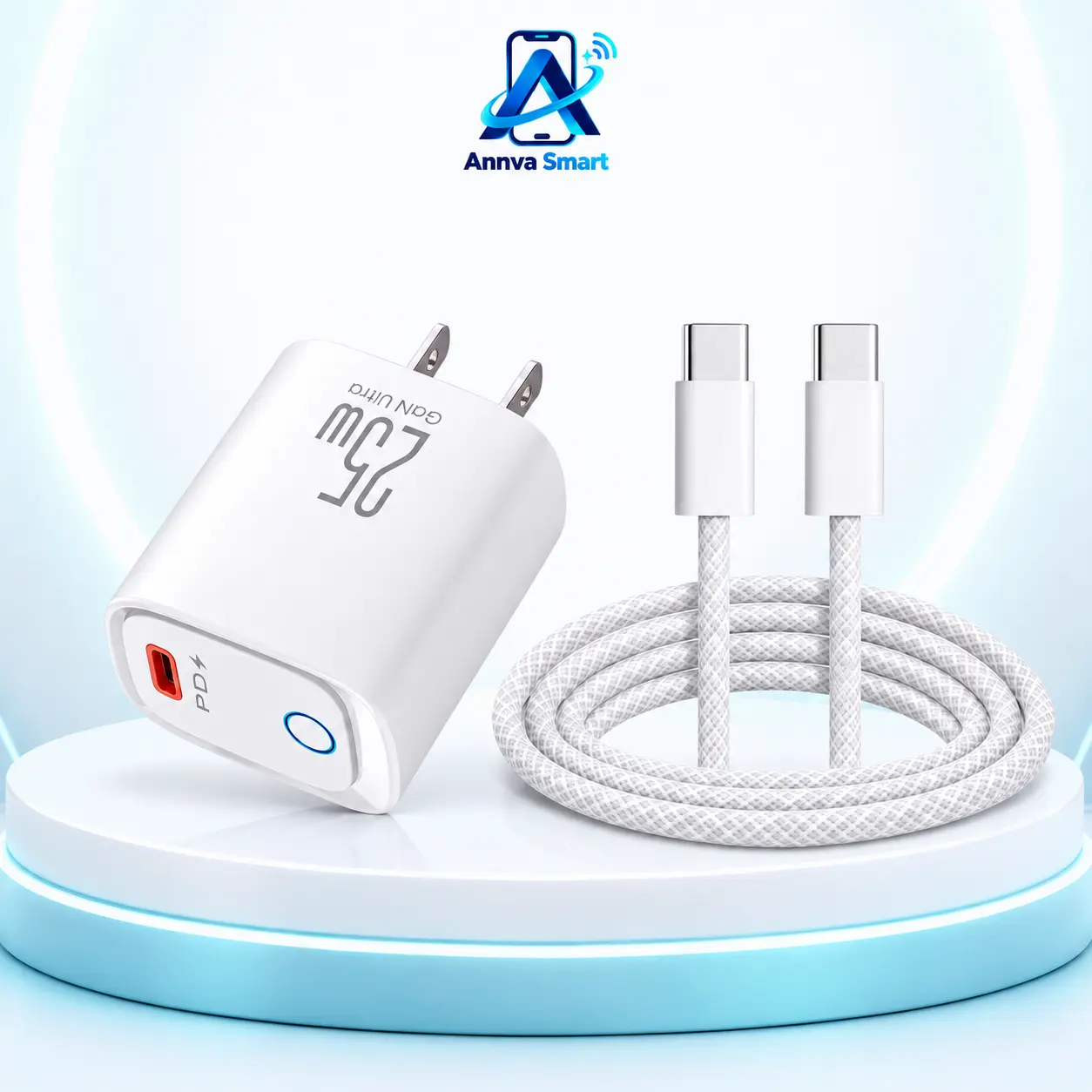 25W GaN USB-C Wall Charger with 60W-Rated USB-C to USB-C Braided Cable, 2-Piece Charging Set, US Plug