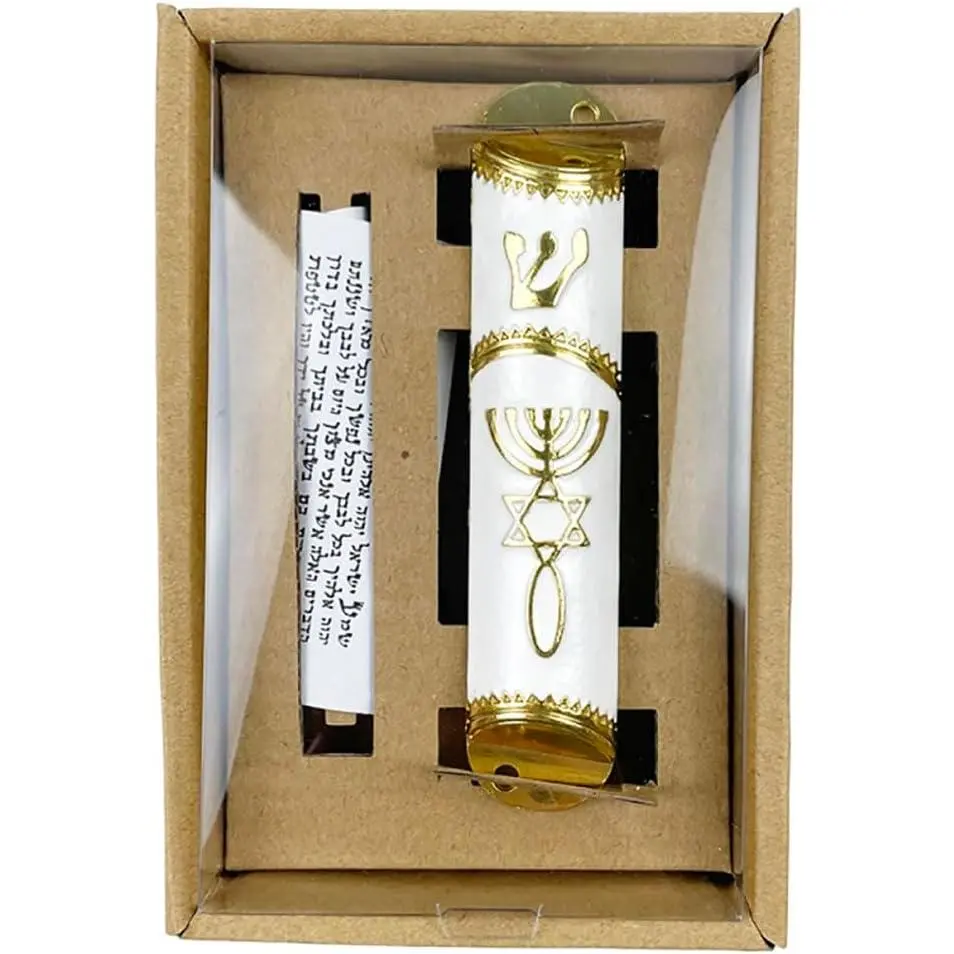 White Gold Traditional Jewish Mezuzah - Polished Silver, Vibrant Blue with Gold Doorframe Mount Case, Easy-Install Decorative Religious Judaism Home Decor, Compact Elongated Indoor Front Door Hanging Homeware, Blue Gold
