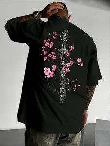Unisex Y2K Style Japanese Cherry Blossom & Samurai Sword Print Short Sleeve Shirt, Streetwear, Casual Fashion, Men's Gift, Black Friday holiday gifts