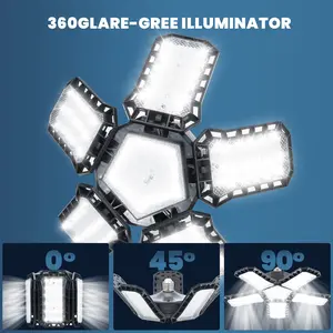 5+1 segmented garage light, foldable & adjustable lamp panels, flame-retardant and sturdy, efficient thermal dissipation, compatible with E26/E27 bases, plug-and-play, ideal for garages, basements, warehouses, shopping malls and other commercial spaces.
