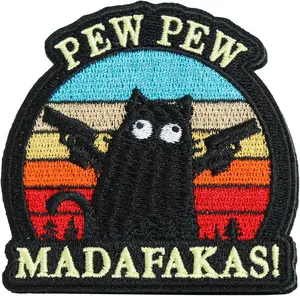 Funny Black Cat "Pew Pew Madafakas" Embroidered Morale Patch with Embroidered Letters, Hook-and-Loop or Iron-On Application for MOLLE Backpack, Jacket, Hat