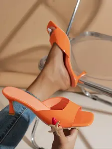 Square Toe Thin Heel Pu Leather Sandals, Stylish Slip-On Women's Shoes for Summer & Vacation Wear, Elegant Smooth Leather Design