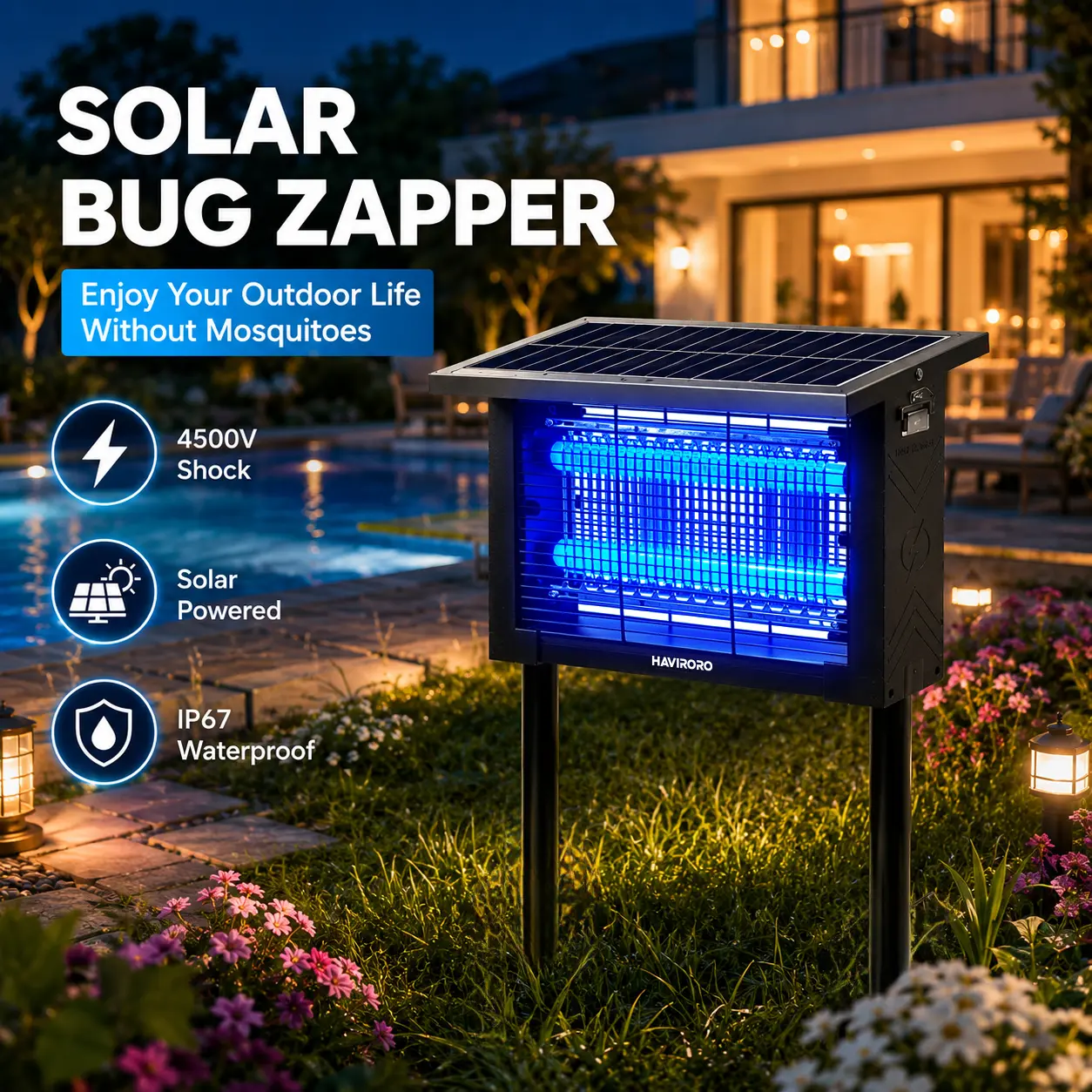 Outdoor Solar Rechargeable Mosquito Killer Lamp - Waterproof, 4500V High-Voltage Electric Grid, Dual Solar-USB Charging, Automatic On/Off, Bug Zapper Insect Repeller Electronic Mosquito Killers Fly Control Solutions for Courtyards, Gardens