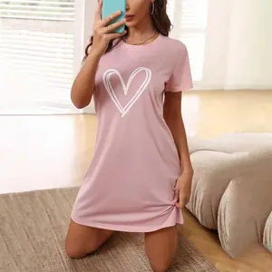 Women's Cute Heart Print Nightshirt - Short Sleeve T-Shirt Sleep Dress Soft Casual Nightgown Loungewear