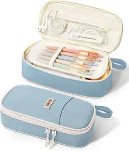 Cute Aesthetic Pencil Case, Large Capacity Pen Pouch with Zipper, Kawaii Stationery Organizer for School Supplies, Teens & Adult Girls (Blue)