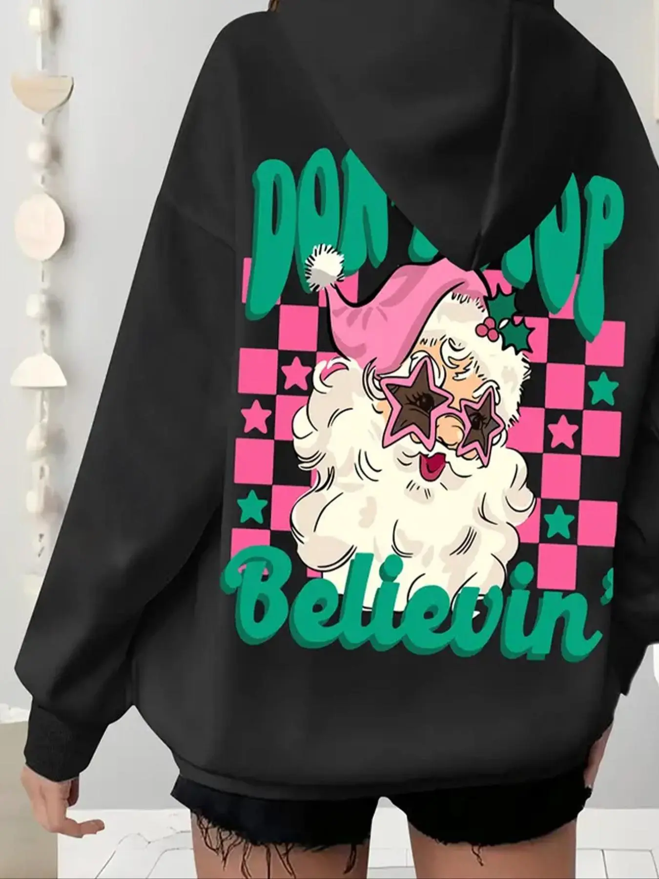 【Plus Size】 Letter & Santa Claus Print Hoodie, Casual Long Sleeve Hooded Sweatshirt for Fall & Winter, Women's Clothing for Daily Wear