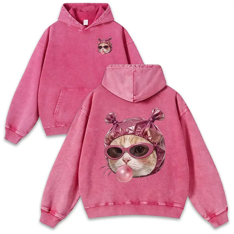 Vintage washed oversized hoodie, double-sided cute funny cat graphic print sweatshirt, Y2K aesthetic casual loose long sleeve pullover