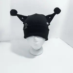 Pom Pom Beanie - Black Knitted Hat with Unique Design and Pom Poms on Top Gothic Style Hipster