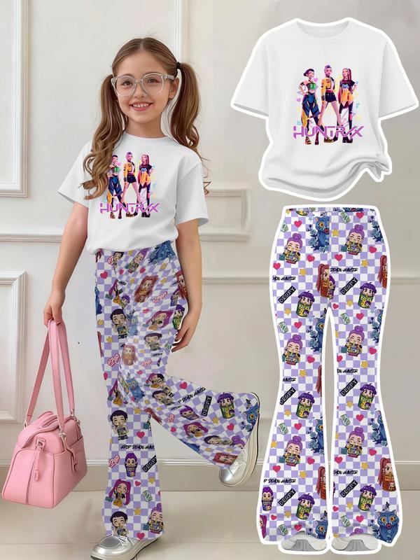 K-Pop Demon Hunters Girl Set, Y2K Sweet Cool Kpop Style, Short Sleeve T-Shirt & Derpy Huntrix Cartoon Pants