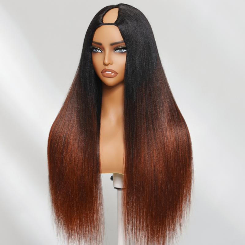 【New In】UNice EasiContour V Part Black to Reddish Brown Ombre Yaki Straight Wig with Upgrade Drawstring Glueless Human Hair Wigs Beginners Friendly Easy Intall