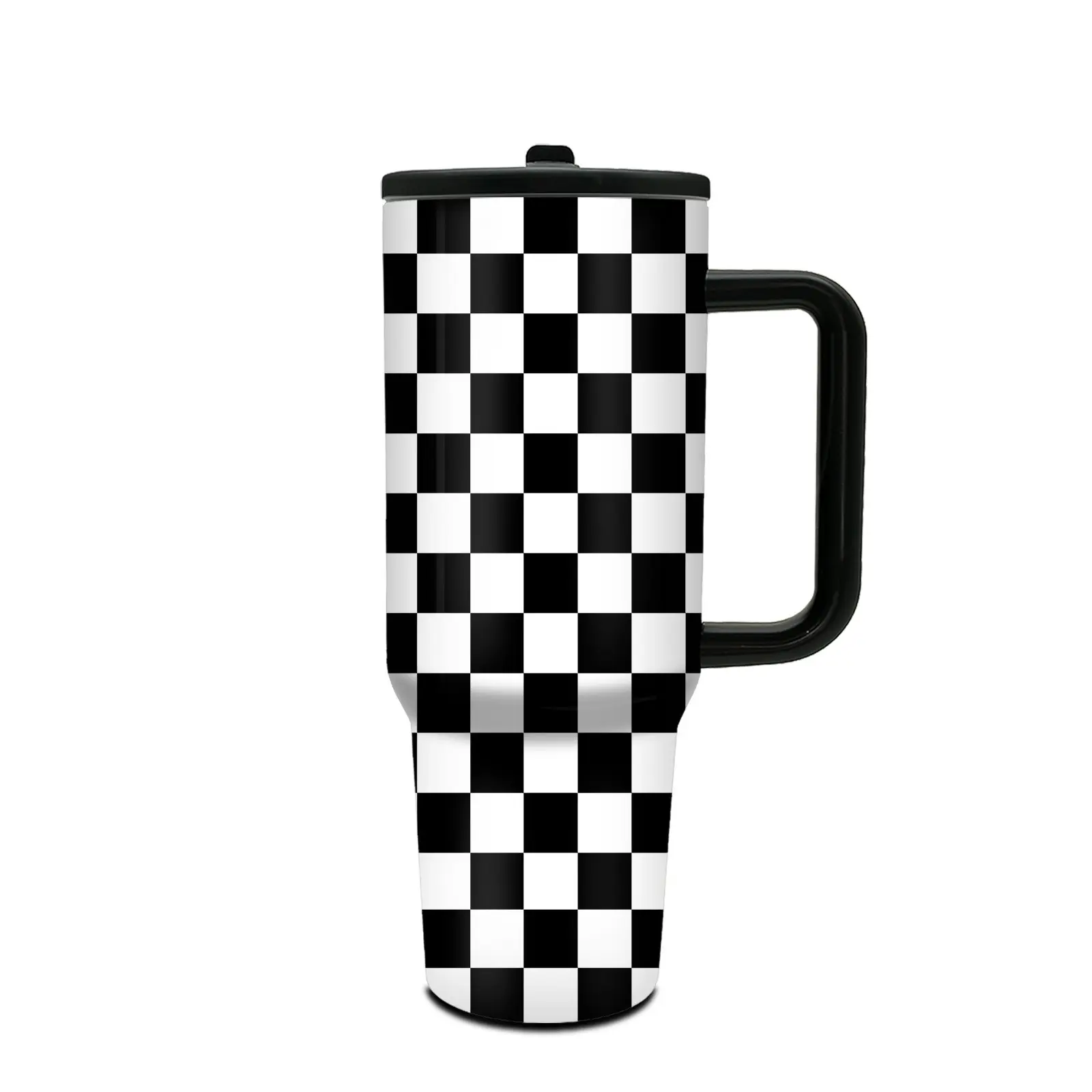 1pc 40oz Stainless Steel Tumbler with Handle and Straw, Insulated Tumbler, black and white checkered design, keeps drinks hot or cold, for home use, gift for girlfriend, mom, Mother's Day, Birthday, Stainless Steel Flasks