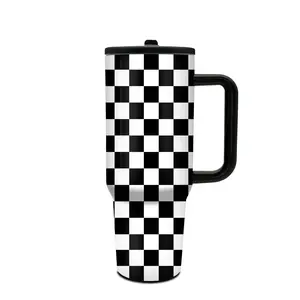 1pc 40oz Stainless Steel Tumbler with Handle and Straw, Insulated Tumbler, classic black and white checkered design, keeps drinks hot or cold, for kitchen and home use, gift for girlfriend, mom, Valentine's Day, Mother's Day, Birthday