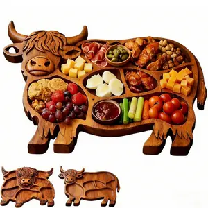 Highland Cow Wooden Charcuterie Board, Rustic Farmhouse Serving Board, Appetizer Board, for Snack Fruit Meat Cheese Home Party Banquet Family Gathering Dining Table Holiday Kitchen