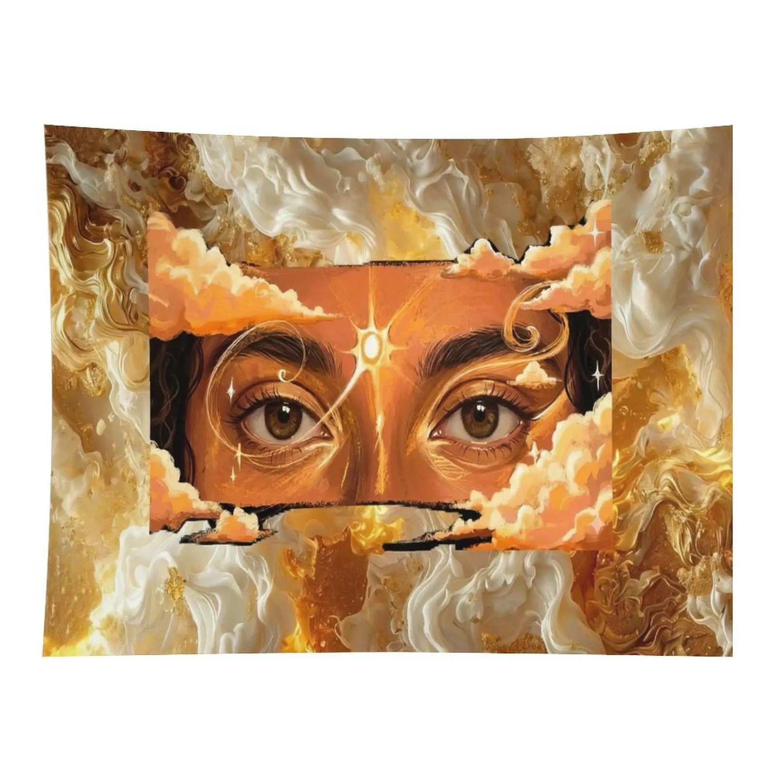 Golden Fluid Marble Cloud Mystic Sun Eyes Spiritual Wall Tapestry Wall Hanging, Aesthetic Orange Divine Vision Celestial Art Decor for Meditation Bedroom Dorm Alt Backdrop