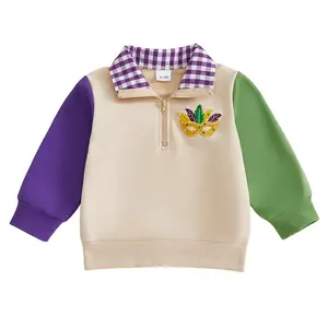 Toddler Baby Boy Mardi Gras Pullover Outfit Long Sleeve Quarter Zip Gingham Collared Sweatshirt Tops Spring Warm Clothes